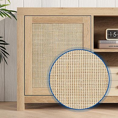 65" Rattan TV Stand with 2-Tier Storage, Wooden Media Console