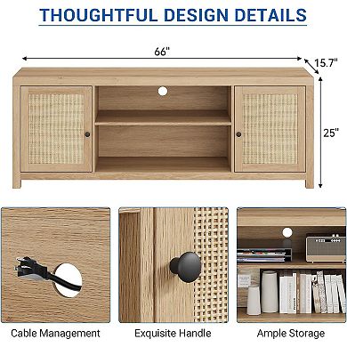 75" Rattan TV Stand with 2-Tier Storage, Wooden Media Console