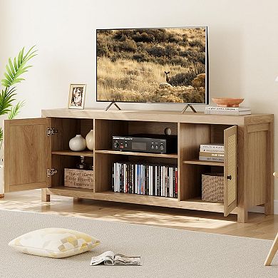 75" Rattan TV Stand with 2-Tier Storage, Wooden Media Console