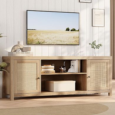 75" Rattan TV Stand with 2-Tier Storage, Wooden Media Console