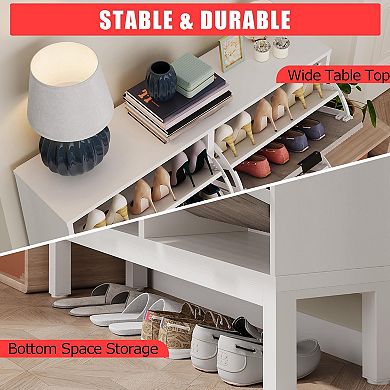 Shoe Storage Cabinet with 4 Flip-Down Doors - Entryway Organizer, White + Grey