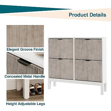 Shoe Storage Cabinet with 4 Flip-Down Doors - Entryway Organizer, White + Grey