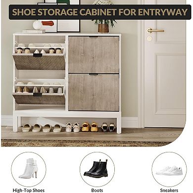 Shoe Storage Cabinet with 4 Flip-Down Doors - Entryway Organizer, White + Grey