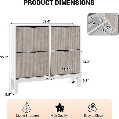 Shoe Storage Cabinet with 4 Flip-Down Doors - Entryway Organizer, White + Grey