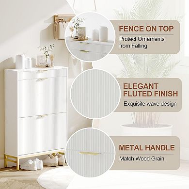 Modern Fluted Shoe Storage Cabinet - Minimalist Entryway Storage, White