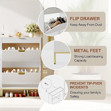 Modern Fluted Shoe Storage Cabinet - Minimalist Entryway Storage, White