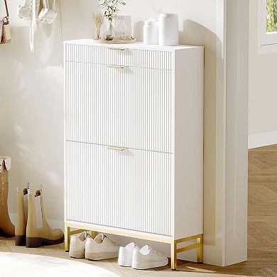 Modern Fluted Shoe Storage Cabinet - Minimalist Entryway Storage, White