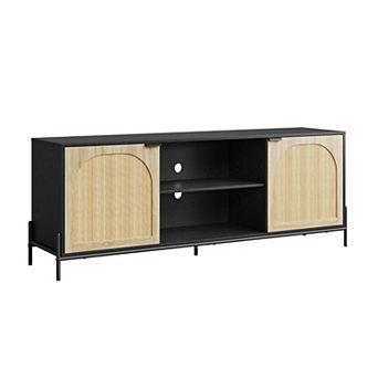 75" TV Stand with 2 Doors, Rattan Media Cabinet, Wood