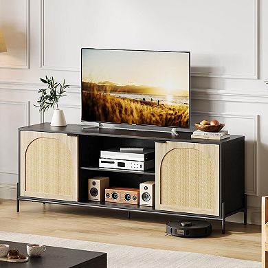 75" TV Stand with 2 Doors, Rattan Media Cabinet, Wood