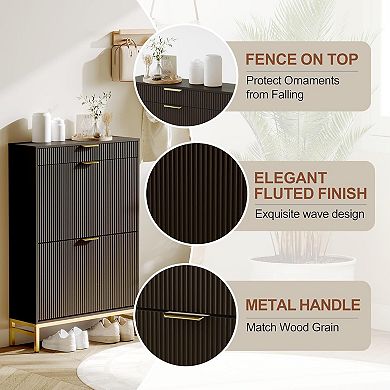 Modern Fluted Shoe Storage Cabinet - Sleek Shoe Organization Unit, Black