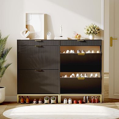 Modern Fluted Shoe Storage Cabinet - Sleek Shoe Organization Unit, Black