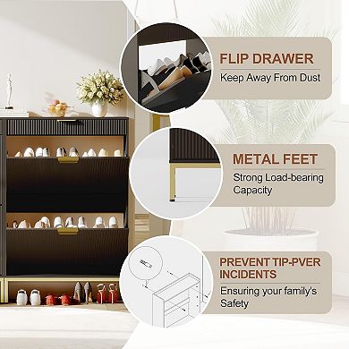 Modern Fluted Shoe Storage Cabinet - Sleek Shoe Organization Unit, Black