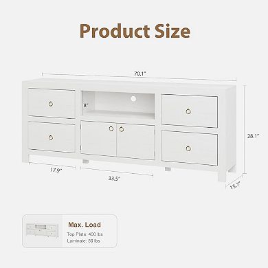 Farmhouse TV Stand for 75/80" TVs, 6 Drawers & Soundbar Shelf, White