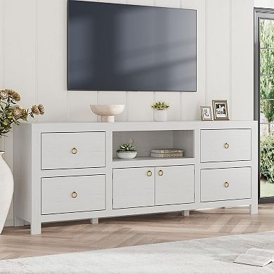 Farmhouse TV Stand for 75/80" TVs, 6 Drawers & Soundbar Shelf, White