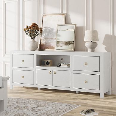 Farmhouse TV Stand for 75/80" TVs, 6 Drawers & Soundbar Shelf, White