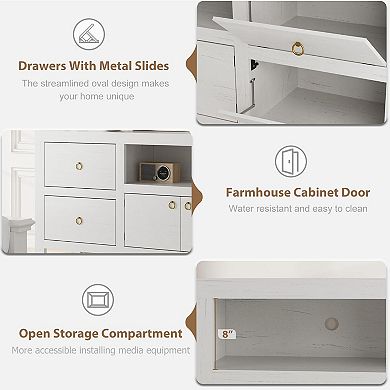 Farmhouse TV Stand for 75/80" TVs, 6 Drawers & Soundbar Shelf, White