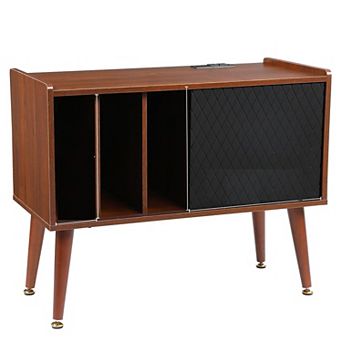 Record Player Stand with Charging Station & USB Ports, Brown Storage