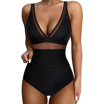 Women One Piece Swimsuits Mesh Tummy Control Swimsuit Push Up High Waisted Swimdress Bathing Suit