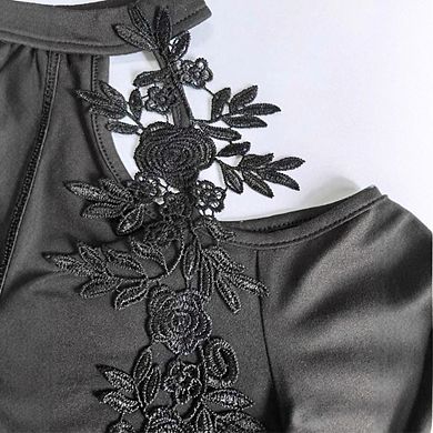 Women's Cold Shoulder Top Long Sleeve Peplum Blouse Lace Floral Embroidered Shirt