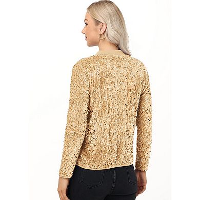 Women's Sequin Bomber Jacket with Front Zipper Closure and Ribbed Trim