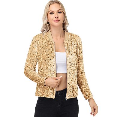 Women's Sequin Bomber Jacket with Front Zipper Closure and Ribbed Trim