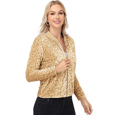 Women's Sequin Bomber Jacket with Front Zipper Closure and Ribbed Trim
