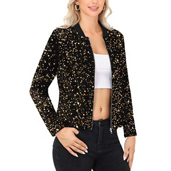 Women's Sequin Bomber Jacket with Front Zipper Closure and Ribbed Trim