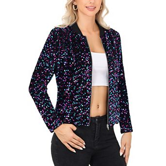 Women's Sequin Bomber Jacket with Front Zipper Closure and Ribbed Trim