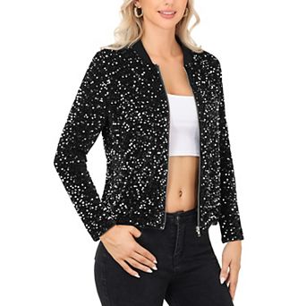 Women's Sequin Bomber Jacket with Front Zipper Closure and Ribbed Trim