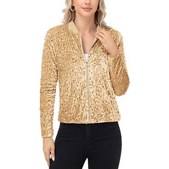 Women's Sequin Bomber Jacket with Front Zipper Closure and Ribbed Trim