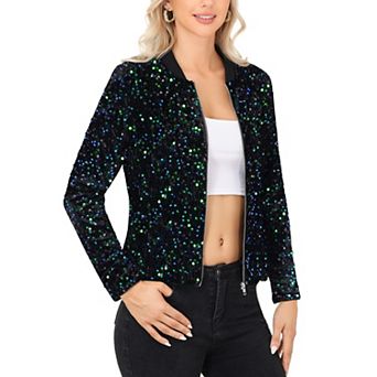 Women's Sequin Bomber Jacket with Front Zipper Closure and Ribbed Trim