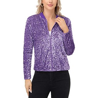 Women's Sequin Bomber Jacket with Front Zipper Closure and Ribbed Trim