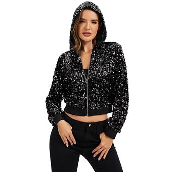 Women's Sequin Zip-Up Hooded Jacket with Ribbed Hem and Long Sleeves for Party Wear