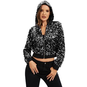 Women's Sequin Zip-Up Hooded Jacket with Ribbed Hem and Long Sleeves for Party Wear