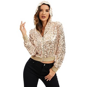 Women's Sequin Zip-Up Hooded Jacket with Ribbed Hem and Long Sleeves for Party Wear