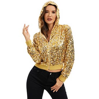 Women's Sequin Zip-Up Hooded Jacket with Ribbed Hem and Long Sleeves for Party Wear