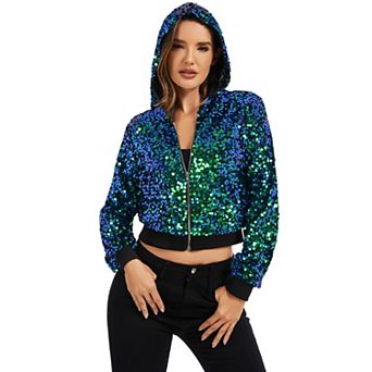 Women's Sequin Zip-Up Hooded Jacket with Ribbed Hem and Long Sleeves for Party Wear