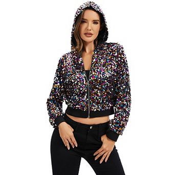 Women's Sequin Zip-Up Hooded Jacket with Ribbed Hem and Long Sleeves for Party Wear