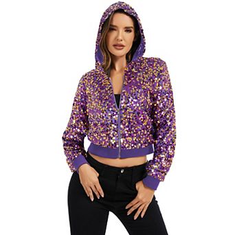 Women's Sequin Zip-Up Hooded Jacket with Ribbed Hem and Long Sleeves for Party Wear