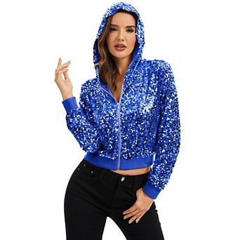 Women's Sequin Zip-Up Hooded Jacket with Ribbed Hem and Long Sleeves for Party Wear