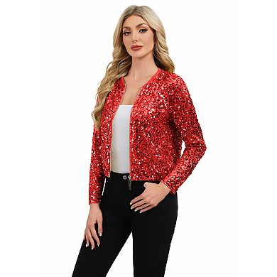Women's Sequin Bomber Jacket with Zipper Front and Ribbed Trim