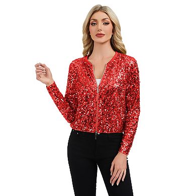 Women's Sequin Bomber Jacket with Zipper Front and Ribbed Trim