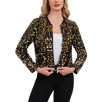 Women's Sequin Bomber Jacket with Zipper Front and Ribbed Trim