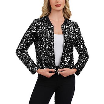 Women's Sequin Bomber Jacket with Zipper Front and Ribbed Trim
