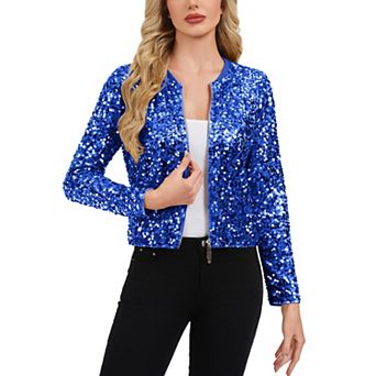 Women's Sequin Bomber Jacket with Zipper Front and Ribbed Trim