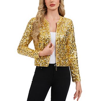 Women's Sequin Bomber Jacket with Zipper Front and Ribbed Trim