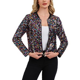 Women's Sequin Bomber Jacket with Zipper Front and Ribbed Trim
