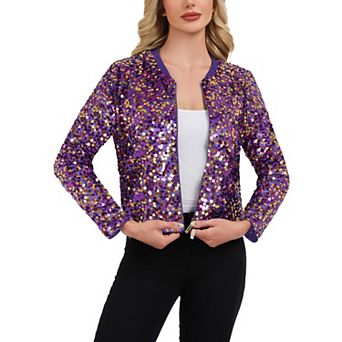 Women's Sequin Bomber Jacket with Zipper Front and Ribbed Trim