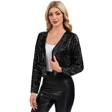 Women's Sequin Open Front Cardigan with Long Sleeves and Cropped Fit