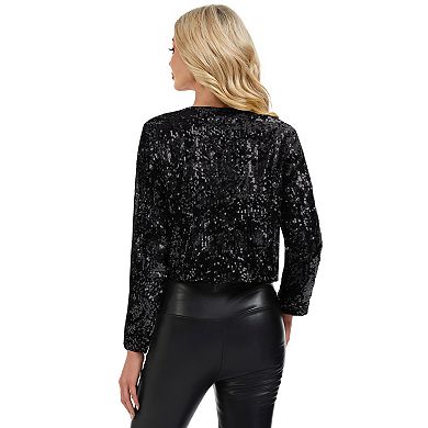 Women's Sequin Open Front Cardigan with Long Sleeves and Cropped Fit